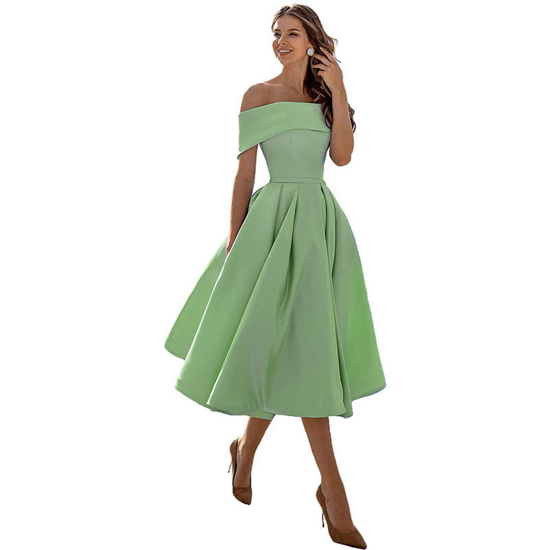 Women's Fashion Casual Strapless Satin Party Dress Off The Shoulder Tea Length Satin Prom Dresses With Pockts Formal Evening Party Dress