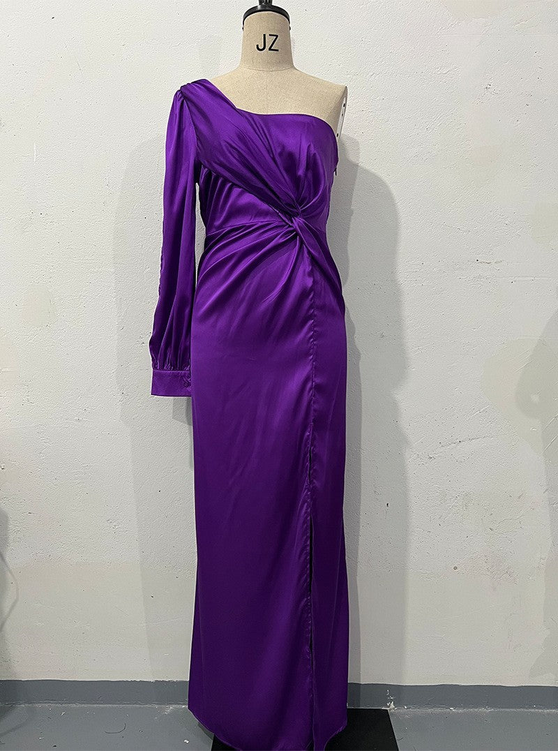 Women's One-shoulder Split Dress Ins Fashion Long-sleeved Slim Long Dresses Party Evening Clothing