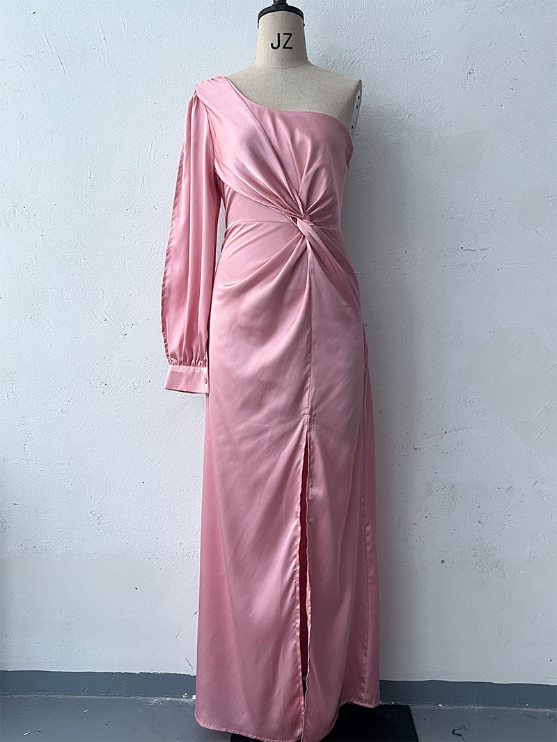 Women's One-shoulder Split Dress Ins Fashion Long-sleeved Slim Long Dresses Party Evening Clothing