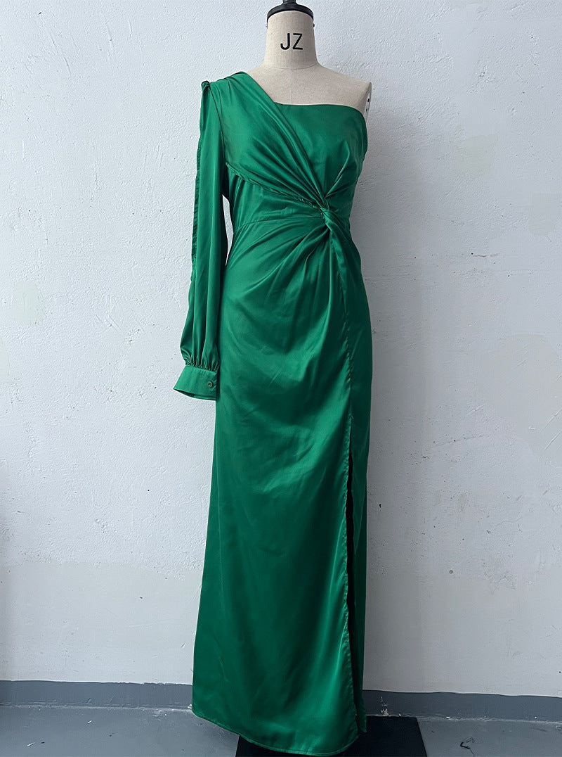 Women's One-shoulder Split Dress Ins Fashion Long-sleeved Slim Long Dresses Party Evening Clothing