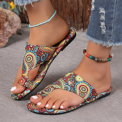 Plus Size Ethnic Style Flat Toe Ring Slippers